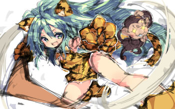 1girl :d animal_ears animal_hands animal_print bare_legs boomerang cat_ears cham_cham dress fujishima-sei_ichi-gou gloves green_eyes green_hair highres long_hair looking_at_viewer monkey open_mouth paw_gloves print_dress samurai_spirits shoes short_dress sketch smile solo tiger_print white_background yellow_gloves yellow_shoes