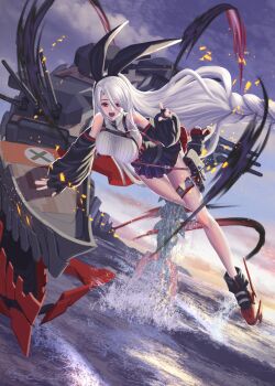 1girl azur_lane bare_shoulders black_gloves black_necktie black_sleeves braid breasts cleavage cloud cloudy_sky commentary_request detached_sleeves dutch_angle fingerless_gloves gloves hair_between_eyes highres large_breasts long_hair long_hair_between_eyes necktie ocean outdoors prinz_heinrich_(azur_lane) red_eyes ribbed_shirt rigging shirt single_braid sky solo very_long_hair wacky092 water white_gloves white_hair
