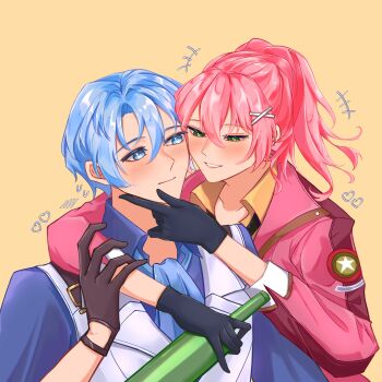 1boy 1girl black_gloves blue_eyes blue_hair blue_neckerchief bottle brown_gloves closed_mouth commission double-parted_bangs drunk eiyuu_densetsu folded_collar gloves green_eyes hair_between_eyes hair_ornament hairpin hajimari_no_kiseki heart highres holding holding_bottle hug juna_crawford kurt_vander mixed-language_commentary neckerchief nur_prilia parted_bangs parted_lips pink_hair ponytail second-party_source short_hair simple_background upper_body yellow_background