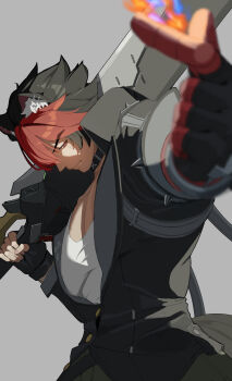 1boy absurdres animal_ear_fluff animal_ears black_gloves black_hair cargo_pants choker closed_mouth collarbone commentary_request dog_boy dog_ears dog_tail finger_heart fingerless_gloves fire gloves green_pants grey_background highres holding holding_sword holding_weapon komano_manato light_smile looking_to_the_side male_focus multicolored_hair muscular muscular_male over_shoulder pants pectorals red_bandage red_eyes red_hair scar scar_across_eye scar_on_face shinarika396 shirt short_hair solo spiked_jacket sword tail weapon weapon_over_shoulder white_shirt zenless_zone_zero