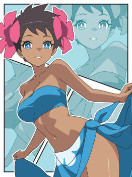 1girl bandeau bare_shoulders blue_bandeau blue_eyes blue_sarong breasts brown_hair cleavage clothes_lift commentary_request dark-skinned_female dark_skin flower hair_flower hair_ornament highres kanbei_(pixiv11037490) looking_at_viewer medium_breasts navel nintendo parted_lips phoebe_(pokemon) pokemon pokemon_rse print_sarong sarong sarong_lift short_hair smile solo stomach strapless tube_top zoom_layer