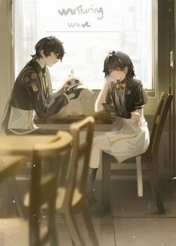 Rule 34 | 1boy, 1girl, abby (wuthering waves), absurdres, antenna hair, black hair, black jacket, black pants, blurry, blurry foreground, bow, bowtie, chair, commentary, copyright name, dress, elyzerda, english text, female rover (perpetual spark) (wuthering waves), female rover (wuthering waves), hand on own cheek, hand on own face, heterochromia, highres, holding, holding phone, indoors, jacket, looking at phone, male rover (perpetual spark) (wuthering waves), male rover (wuthering waves), necktie, pants, phone, pouch, rover (wuthering waves), sitting, table, thigh pouch, wariza, white dress, window, wuthering waves, yellow bow, yellow bowtie, yellow eyes, yellow necktie