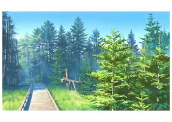 blue_sky day fence forest grass hariken highres nature no_humans original outdoors path road scenery sky tree