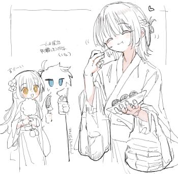 Rule 34 | 1girl, 2boys, :d, :t, akinashi haru, bag, braid, closed eyes, cotton candy, eating, food, hair rings, happy, hashtag-only commentary, heart, japanese clothes, kimono, multiple boys, open mouth, osakanadream, saihate eki, shaved ice, side braid, single hair ring, smile, spot color, summer festival, takoyaki, tatsunami shion, tenjiku aoi, translation request, yukata