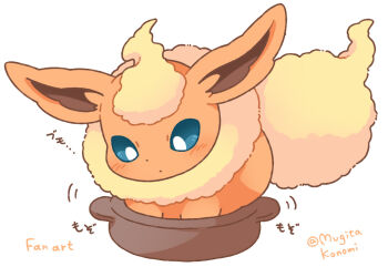 Rule 34 | animal focus, blue eyes, cooking pot, flareon, full body, gen 1 pokemon, in pot, mugita konomi, neck fur, nintendo, no humans, orange fur, pokemon, pokemon (creature), pokemon focus, simple background, solo, tail, yellow fur