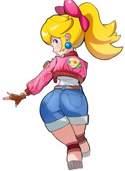 1girl ass blue_eyes bow denim denim_shorts fingerless_gloves gloves hair_ribbon highres huge_ass jacket legs long_hair looking_at_viewer looking_back mario_(series) mineru128127 nintendo pink_bow pink_lips ponytail princess_peach ribbon shirt shorts smile solo thighs