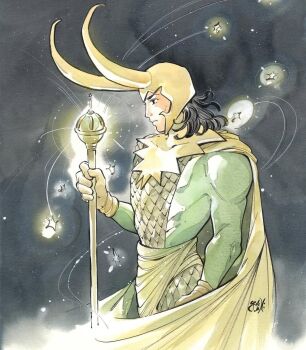 1boy armor black_eyes black_hair bodysuit cape cheekbones commentary cowboy_shot english_commentary fake_horns gloves green_bodysuit grey_background helmet highres holding holding_staff horned_helmet horns loki_(marvel) male_focus marvel marvel_snap medium_hair muscular muscular_male official_art peach_momoko profile scale_armor signature solo staff third-party_source thor_(marvel)_(series) yellow_cape yellow_gloves