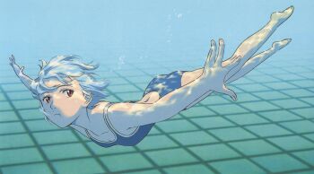 Rule 34 | 1girl, :t, ayanami rei, barefoot, blue hair, blue one-piece swimsuit, breasts, bubble, caustics, female focus, foreshortening, from side, highres, holding breath, neon genesis evangelion, one-piece swimsuit, outstretched arms, pale skin, pool, red eyes, scan, short hair, small breasts, solo, spread arms, swimming, swimsuit, tsurumaki kazuya, underwater