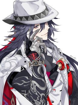 Rule 34 | 1boy, arm belt, arm tattoo, ashveil (honkai: star rail), bishounen, black hair, bracelet, bright pupils, commentary request, crescent, crescent pin, cutoffs, fedora, fingernails, gradient hair, grey eyes, hair between eyes, hair ornament, hand up, hat, hat ornament, highres, honkai: star rail, honkai (series), jacket, jewelry, lapel pin, liexxx9xi, long hair, male focus, multicolored hair, necklace, sidelocks, smile, tattoo, tooth necklace, twitter username, very long hair, vest, waistcoat, white jacket