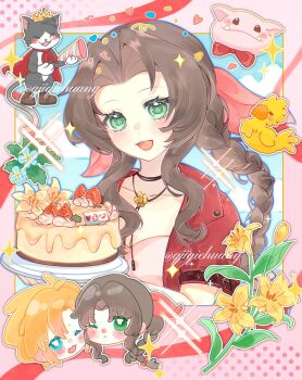 Rule 34 | 1girl, :3, aerith gainsborough, aqua eyes, arm belt, bird, blue flower, blush, boots, bow, bowtie, braid, braided ponytail, brown boots, cait sith (final fantasy), cake, cape, cat, cheek-to-cheek, chibi, chibi inset, chocobo, choker, cloud strife, commentary request, crown, dress, fangs, fangs out, final fantasy, final fantasy vii, final fantasy vii rebirth, final fantasy vii remake, flower, flower choker, food, fruit, green eyes, hair between eyes, hair ribbon, heads together, highres, holding, holding cake, holding food, holding party popper, jacket, lily (flower), mini crown, moogle, one eye closed, open mouth, parted bangs, party popper, pink dress, pink ribbon, qjiqiehuang, red bow, red bowtie, red cape, red jacket, ribbon, short hair, sidelocks, single braid, smile, sparkle, strawberry, tuxedo cat, twitter username, upper body, yellow flower
