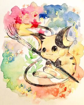 Rule 34 | black eyes, closed mouth, full body, gen 1 pokemon, holding, holding paintbrush, looking at viewer, nintendo, no humans, non (kumakawayusu), paintbrush, painting (medium), pokemon, pokemon (creature), raichu, smile, solo, traditional media, watercolor (medium)