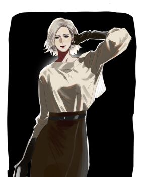 Rule 34 | 1girl, amantes404, black background, black gloves, blonde hair, border, breasts, brown skirt, commentary request, cowboy shot, earrings, gloves, grace ashcroft, grey eyes, hand in own hair, highres, hoop earrings, jewelry, light smile, long skirt, medium breasts, parted bangs, puffy sleeves, red lips, resident evil, resident evil requiem, shirt, short hair, skirt, solo, white border, white shirt