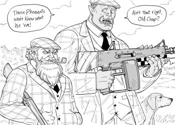 2boys aa-12 absurdres automatic_shotgun bb_(baalbuddy) combat_shotgun commentary dog drum_magazine dwarf english_commentary english_text finger_on_trigger formal_clothes greyscale gun hat high-capacity_magazine highres jacket magazine_(weapon) male_focus monochrome multiple_boys necktie orc original ork_(warhammer) outdoors shirt shotgun smile standing suit time_paradox tusks warhammer_40k weapon