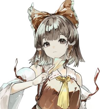 1girl ascot bare_shoulders bow brown_eyes brown_hair chest_sarashi closed_mouth commentary detached_sleeves expressionless hair_bow hair_tubes hakurei_reimu holding holding_ofuda medium_hair ofuda red_bow red_shirt sarashi shirt sleeveless sleeveless_shirt solo touhou upper_body white_background yanlingchou625 yellow_ascot