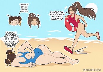 artist_name bare_shoulders beach blush breasts capcom celebelian chun-li cleavage commentary couple crossover english_commentary english_text family_guy_death_pose_(meme) fatal_fury full_body large_breasts lifeguard long_hair meme navel shiranui_mai short_hair simple_background smile street_fighter thick_thighs thighs twitter_username yuri