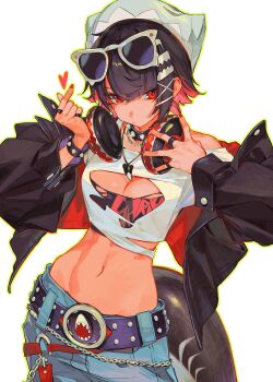 1girl belt black_belt black_hair black_jacket breasts cleavage commentary daniel_deng denim ellen_joe eyewear_on_head headphones highres jacket jeans large_breasts looking_at_viewer midriff navel pants red_eyes red_hair shirt short_hair simple_background solo torn_clothes torn_shirt white_background white_shirt zenless_zone_zero