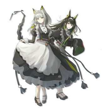 2girls :d alternate_costume animal_ears apron arknights belt belt_buckle black_dress black_hair black_shoes brown_belt buckle closed_mouth commentary dress english_commentary enmaided full_body green_eyes green_hair grey_hair high_heels highres juliet_sleeves kal&#039;tsit_(arknights) kal&#039;tsit_(the_remains_of_time)_(arknights) long_dress long_hair long_sleeves maid maid_apron maid_headdress mon3tr_(arknights) multiple_girls navel o-ring official_alternate_costume open_mouth puffy_sleeves shoes simple_background skirt_hold sleeves_past_fingers sleeves_past_wrists smile standing vincentime waist_apron white_apron white_background