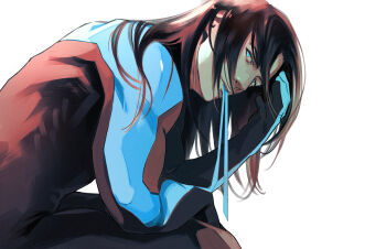 1boy alternate_hairstyle batman_(series) black_bodysuit blue_bodysuit blue_eyes bodysuit dc_comics dick_grayson highres long_hair looking_at_viewer male_focus multicolored_bodysuit muscular muscular_male nichasheng nightwing short_hair simple_background sitting solo superhero_costume two-tone_bodysuit white_background