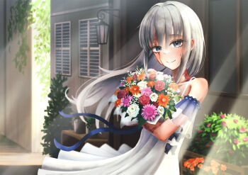 1girl bare_shoulders bouquet bow burn_scar commentary commentary_request dorei_to_no_seikatsu_~teaching_feeling~ dress dress_bow english_commentary flower grey_eyes grey_hair highres holding holding_bouquet long_hair looking_at_viewer mixed-language_commentary outdoors scar scar_on_arm scar_on_face sidelocks smile solo sundress sunlight sylvie_(dorei_to_no_seikatsu) town unrann wall_lamp white_dress window