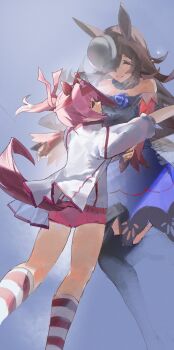 2girls absurdres animal_ears bare_shoulders black_thighhighs blue_flower blue_hat blue_rose bow brown_hair buruma closed_eyes closed_mouth commeowdore dress ear_bow ear_covers fascinator flipped_hair flower fur_choker hair_over_one_eye hairband haru_urara_(bestest_prize)_(umamusume) haru_urara_(umamusume) hat hat_flower headband highres horse_ears horse_girl horse_tail hug jacket long_hair long_sleeves multiple_girls off-shoulder_dress off_shoulder pink_buruma pink_hair pink_headband ponytail red_buruma rice_shower_(rosy_dreams)_(umamusume) rice_shower_(umamusume) rose shirt smile socks striped_clothes striped_socks tail thighhighs tilted_headwear umamusume white_jacket