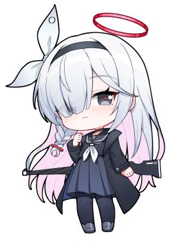 1girl :< arm_at_side black_choker black_coat black_hairband black_pantyhose black_sailor_collar black_serafuku black_shirt black_shoes black_skirt blue_archive blush bow braid bright_pupils chibi chibi_only choker closed_mouth coat colored_inner_hair eyes_visible_through_hair full_body grey_eyes gun hair_bow hair_ornament hair_over_one_eye hairband halo hand_up highres long_hair long_sleeves looking_at_viewer making-of_available multicolored_hair neckerchief open_clothes open_coat pantyhose pink_hair plana_(blue_archive) pleated_skirt red_halo red_pupils sailor_collar sailor_shirt school_uniform serafuku shirt shoes side_braid simple_background single_braid single_sidelock skirt solo standing tfg. transparent_background two-tone_hair umbrella_gun very_long_hair weapon weapon_on_back white_bow white_hair white_neckerchief