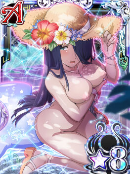 1girl arm_under_breasts blue_eyes blue_hair breasts card card_game cassandra_ilion dungeon_ni_deai_wo_motomeru_no_wa_machigatteiru_darou_ka female_ejaculation flower hat highres kneeling large_breasts long_hair nipples official_alternate_costume pussy_juice pussy_juice_drip straight_hair straw_hat third-party_edit vampy_squid