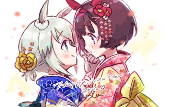 2girls animal_ears blue_eyes blue_kimono blunt_bangs blush brown_hair closed_mouth commentary_request ear_covers floral_print floral_print_kimono flower grey_hair hair_between_eyes hair_flower hair_ornament hairband happy_new_year horse_ears horse_girl japanese_clothes kimono kurumi_poke looking_at_another multiple_girls new_year nishino_flower_(umamusume) parted_lips petals pink_hairband pink_kimono print_kimono purple_eyes seiun_sky_(umamusume) short_hair smile umamusume yuri