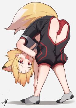 1girl absurdres animal_ears baggy_clothes baggy_pants bent_over boppin commission dungeons_&amp;_dragons fang flat_chest fox_ears fox_girl fox_tail happy highres imminent_anal imminent_penetration japanese_clothes jumpsuit kitsune leg_grab loli pants sarayah smug socks swaying tail teasing