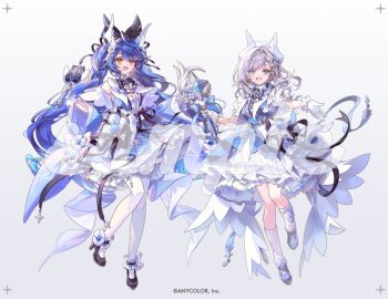 Rule 34 | 2girls, :d, amamiya kokoro, ankle garter, aqua eyes, ars almal, black bow, black bowtie, black ribbon, black shoes, blue dress, blue hair, blue shoes, blue sleeves, blush, bow, bowtie, commentary request, copyright notice, detached sleeves, dress, flower, frilled dress, frills, full body, gloves, gradient background, grey background, grey hair, hair bow, hair flower, hair ornament, hands up, high heels, holding, holding wand, knees together feet apart, large bow, layered dress, long hair, long sleeves, looking at viewer, magical girl, multiple girls, nijisanji, official alternate costume, official art, open mouth, pantyhose, ribbon, sample watermark, shoes, short dress, short sleeves, simple background, smile, socks, standing, standing on one leg, star (symbol), star hair ornament, star wand, twintails, very long hair, virtual youtuber, wand, watermark, welchino, white background, white dress, white gloves, white pantyhose, white socks, wide sleeves, wing hair ornament, yellow eyes