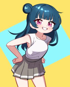 1girl blue_hair blunt_bangs blush breasts grey_skirt grin hair_bun hands_on_own_hips highres jorang_(jorang08) long_hair looking_at_viewer love_live! love_live!_sunshine!! open_mouth pink_eyes pleated_skirt shirt skirt sleeveless sleeveless_shirt small_breasts smile solo teeth tsushima_yoshiko white_shirt