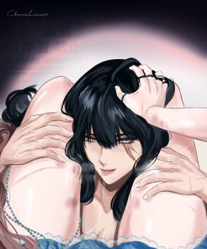 2girls absurdres after_cunnilingus artist_name between_legs bite_mark bite_mark_on_thigh black_hair blue_dress brown_hair bruise cherie_luna chief_(path_to_nowhere) commentary dress english_commentary female_chief_(path_to_nowhere) female_pov grey_eyes hand_in_another&#039;s_hair hands_on_another&#039;s_thighs highres injury jewelry long_hair looking_at_viewer multiple_girls multiple_rings original path_to_nowhere pov pussy_juice pussy_juice_trail rahu_(path_to_nowhere) ring scar scar_across_eye scar_on_face scar_on_hand scar_on_leg tongue tongue_out watermark yuri