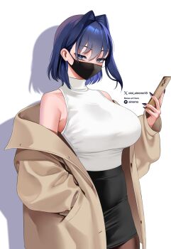 1girl alternate_costume black_mask blue_eyes blue_hair breasts brown_coat cellphone coat hair_intakes hand_in_pocket highres holding holding_phone hololive hololive_english large_breasts looking_at_viewer mask mouth_mask off_shoulder oioi_ainomo ouro_kronii phone shirt shirt_tucked_in short_hair simple_background sleeveless sleeveless_shirt smartphone solo surgical_mask trench_coat virtual_youtuber white_background white_shirt