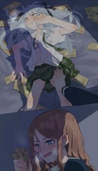 2girls @_@ bang_dream! bang_dream!_it's_mygo!!!!! banknote blue_bra blue_eyes blue_hair bra brown_hair collared_shirt crying dollar_bill green_ribbon green_skirt hair_ribbon hand_blush hand_on_another's_thigh haneoka_school_uniform highres holding holding_money long_hair money multiple_girls nagasaki_soyo navel open_clothes open_shirt pleated_skirt prostitution ribbon school_uniform shirt short_sleeves skirt sweat togawa_sakiko tsukinomori_school_uniform two_side_up underwear white_shirt yang_miemie_benti yellow_eyes yuri