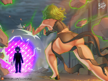 1boy 1girl ass bare_legs bare_shoulders black_dress black_footwear breasts butt_crack cloud cloudy_sky convenient_censoring crossover curly_hair curvy debris dress ecchisage floating from_behind green_hair huge_ass kageyama_shigeo long_sleeves looking_at_another medium_breasts mob_psycho_100 no_panties one-punch_man outdoors psychic short_hair sideboob sky tatsumaki torn_clothes trait_connection wide_hips