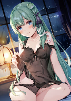 1girl absurdres alternate_costume babydoll babydoll_lift black_babydoll black_panties black_ribbon blue_eyes blush breasts cameltoe cleavage closed_mouth collarbone covered_erect_nipples curtains dutch_angle frog_hair_ornament green_hair hair_ornament hair_ribbon highres indoors kochiya_sanae lamp looking_at_viewer medium_breasts miyase_mahiro night panties ribbon smile snake_hair_ornament snow solo strap_slip touhou translation_request underwear underwear_only window