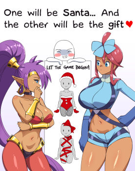 2girls blue_eyes bra bracelet breasts christmas crop_top dark-skinned_female dark_skin earrings gift_wrapping gloves hat jewelry large_breasts leotard long_hair long_sleeves midriff multiple_girls nintendo pants pointy_ears pokemon pokemon_bw purple_hair red_hair santa_hat shantae shantae_(series) short_shorts shorts skyla_(pokemon) underwear very_long_hair zuchysdraws