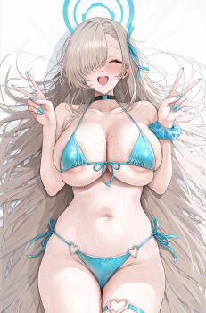 1girl akita_hika aqua_bikini aqua_halo aqua_nails aqua_ribbon areola_slip asuna_(blue_archive) bikini black_choker blue_archive blush breasts choker cleavage closed_eyes collarbone commentary_request dakimakura_(medium) double_v fingernails front-tie_bikini_top front-tie_top grey_hair hair_over_one_eye hair_ribbon hair_spread_out halo hands_up highres long_fingernails long_hair lying mole mole_on_breast nail_polish navel on_back one_eye_covered open_mouth ribbon side-tie_bikini_bottom skindentation smile solo stomach swimsuit thigh_strap thighs underboob v