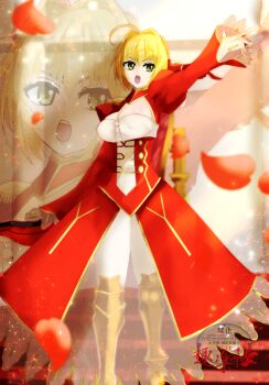 Rule 34 | 1girl, absurdres, aestus estus, ahoge, akisawa r, arm up, blonde hair, boots, braid, breasts, cleavage, dress, fate/extra, fate (series), gold boots, green eyes, hair bun, hair intakes, hair ribbon, highres, holding, holding sword, holding weapon, looking at viewer, medium breasts, nero claudius (fate), open mouth, red dress, red ribbon, ribbon, see-through clothes, short hair, solo, sword, watermark, weapon