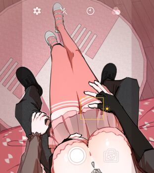 Rule 34 | 1boy, 1girl, black gloves, black pants, black shoes, breasts, commentary, dreamycakesss, dress, english commentary, fake phone screenshot, fake screenshot, female pov, fingerless gloves, gloves, grey shoes, hand on another's leg, hetero, highres, large breasts, long sleeves, original, pants, pink dress, pink thighhighs, pov, shoes, sitting, thighhighs