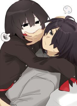 Rule 34 | 1boy, 1other, absurdres, araragi koyomi, black hair, commentary request, covering another's mouth, empty eyes, frown, grey eyes, grey shirt, hair between eyes, hair over one eye, hand over another's mouth, highres, looking at viewer, monogatari (series), naoetsu high school uniform, oshino ougi, pale skin, school uniform, shirt, short hair, sleeves past fingers, sleeves past wrists, tsugumi (tgm 615486)