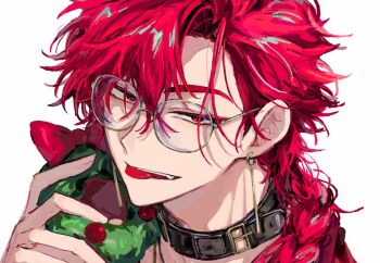 1boy :p black_collar bow braid braided_ponytail christmas_wreath collar earrings eyeliner fang glasses hair_between_eyes hand_up holding holding_wreath jewelry long_hair looking_at_viewer makeup male_focus necklace open_mouth portrait red_bow red_eyeliner red_eyes red_hair round_eyewear shiguang_dailiren simple_background single_braid smile solo teeth tongue tongue_out tyoookozuki white_background wreath xiao_weiying