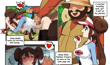 1boy 1girl absurdres age_difference bar_censor black_thighhighs blue_eyes breasts brown_hair censored day double_bun english_text faceless faceless_male gnsisir hair_bun hand_up heart hetero highres hiker_(pokemon) holding holding_another's_hair holding_hands holding_poke_ball long_hair mixed-language_commentary motion_lines nintendo notice_lines open_mouth outdoors poke_ball poke_ball_(basic) pokemon pokemon_black_2_and_white_2 raglan_sleeves rosa_(pokemon) sex shirt spoken_heart thighhighs twintails visor_cap