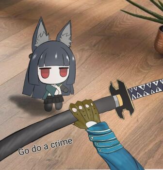 1boy 1girl animal_ear_fluff animal_ears bad_id bad_reddit_id black_hair blunt_bangs chibi commentary devil_may_cry_(series) english_commentary fingerless_gloves fox_ears fox_girl gloves go_do_a_crime_(meme) highres holding holding_sword holding_weapon hoshimi_miyabi jacket jitome kogeta_ssj4 long_hair meme no_mouth red_eyes shirt sidelocks skirt sword vergil_(devil_may_cry) weapon white_shirt zenless_zone_zero