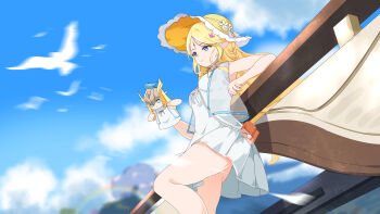 1girl absurdres against_railing blonde_hair blue_eyes blue_jacket blue_sky breasts cartethyia_(wuthering_waves) closed_mouth day dress from_below hair_ornament hairclip hand_puppet hat highres jacket long_hair medium_breasts missing_commentary official_alternate_costume outdoors parted_bangs pointy_ears puppet qianbihezhong railing see-through_clothes see-through_jacket sidelocks sky smile solo tacet_mark_(wuthering_waves) white_dress wuthering_waves yellow_hat