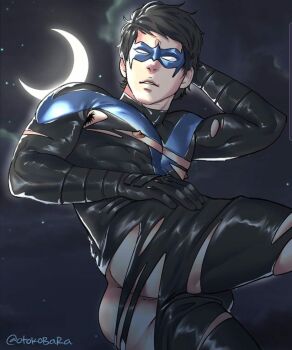 1boy ass bara batman_(series) black_bodysuit black_hair blue_bodysuit bodysuit crescent_moon dc_comics dick_grayson domino_mask eye_mask highres large_pectorals lying male_focus mask moon multicolored_bodysuit muscular muscular_male night nightwing nipples on_side otokobara outdoors parted_lips pectorals shiny_clothes short_hair sky solo star_(sky) taut_bodysuit taut_clothes thick_thighs thighs torn_bodysuit torn_clothes twitter_username two-tone_bodysuit
