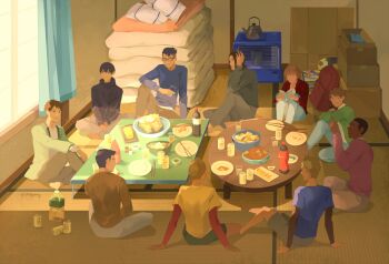 6+boys akahiro_hirata backpack bag ball bedroll black_hair blue_shirt brown_hair brown_shirt chopsticks crossed_legs cup curtains drinking_glass eating everyone facial_hair food green_shirt grey_shirt haiji_kiyose hand_up indian_style indoors jou_jirou jou_tarou kamara_musa kashiwazaki_akane kaze_ga_tsuyoku_fuiteiru knees_up kurahara_kakeru long_sleeves manga_(object) millydeng multiple_boys pointing purple_shirt reading red_shirt sakaguchi_youhei shirt short_hair short_sleeves sitting soccer_ball stubble table tasaki_genichirou tatami tea teapot twitter_username unworn_backpack unworn_bag window yukihiro_iwakura