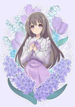 1girl absurdres blue_flower bow bowtie brown_hair closed_mouth collared_shirt commentary_request flower flower_request frilled_shirt_collar frills highres hyacinth long_hair long_sleeves looking_at_viewer marian_oekaki original purple_bow purple_bowtie purple_eyes purple_flower purple_skirt shirt skirt smile solo very_long_hair white_flower white_shirt
