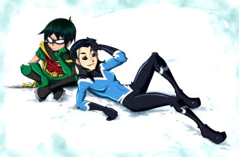 2boys aqua_lad black_hair bodysuit boots cape dc_comics dick_grayson domino_mask eye_mask garth gloves head_rest indian_style male_focus mask multiple_boys robin_(dc) sitting smile solid_eyes teen_titans wet