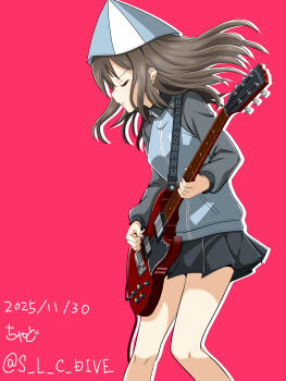 1girl black_skirt brown_hair closed_eyes commentary_request feet_out_of_frame girls_und_panzer grey_jacket guitar hat highres holding holding_instrument instrument jacket keizoku_school_uniform long_hair mika_(girls_und_panzer) red_background s_l_c_dive school_uniform simple_background skirt solo standing