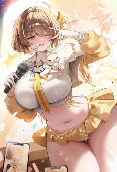 1girl absurdres ahoge anis_(nikke) anis_(star)_(t.t._star)_(nikke) blush breasts brown_hair cat_ornament cellphone cheek_tattoo goddess_of_victory:_nikke hair_ornament headset highres holding holding_phone idol jacket jewelry large_breasts looking_at_viewer midriff navel necktie official_alternate_costume one_eye_closed open_mouth phone plaid_clothes plaid_necktie screen shirt short_hair skirt smartphone smile star_(symbol) star_sticker sticker taking_picture tattoo teeth teru_(s2_teru) upper_teeth_only v white_shirt yellow_jacket yellow_necktie yellow_skirt
